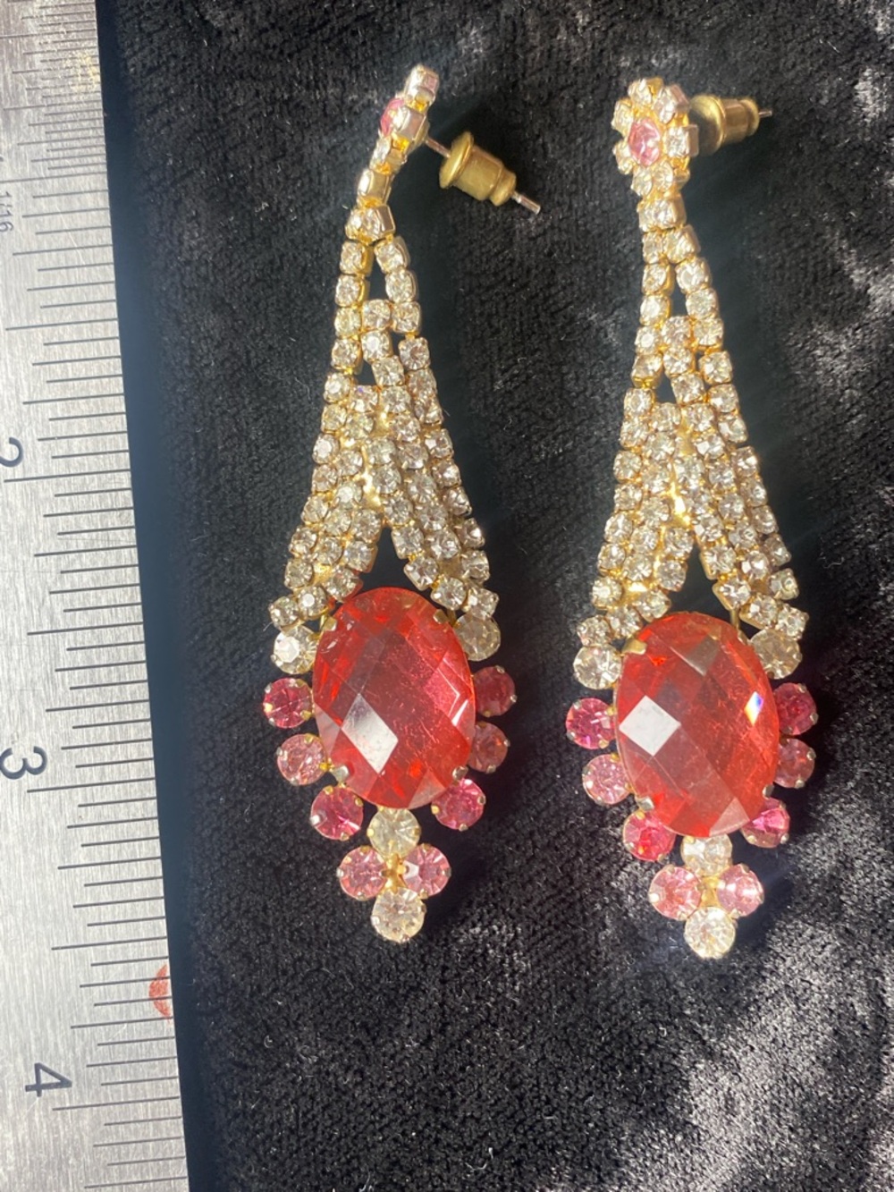 Vintage Gold-Tone Pink & Red Crystal Drop Earrings
